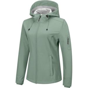 Outdoor Ventures Women’s Softshell Jacket with Hood Fleece Lined Warm Lightweight Waterproof Insulated Windbreaker(Ice Green)