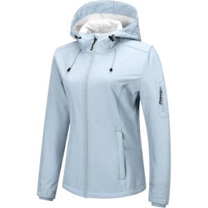 Outdoor Ventures Women’s Softshell Jacket with Hood Fleece Lined Warm Lightweight Waterproof Insulated Windbreaker(Light Blue)