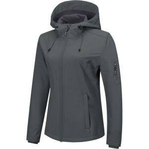 Outdoor Ventures Women’s Softshell Jacket with Hood Fleece Lined Warm Lightweight Waterproof Insulated Windbreaker(Light Grey)