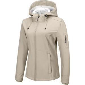 Outdoor Ventures Women’s Softshell Jacket with Hood Fleece Lined Warm Lightweight Waterproof Insulated Windbreaker(Light Khaki)