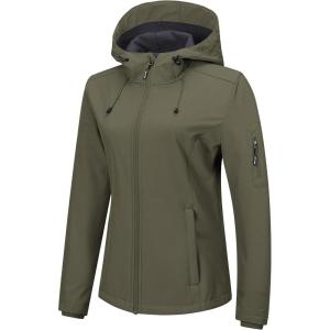 Outdoor Ventures Women’s Softshell Jacket with Hood Fleece Lined Warm Lightweight Waterproof Insulated Windbreaker(Olive Green)