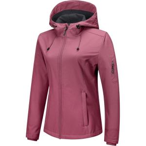 Outdoor Ventures Women’s Softshell Jacket with Hood Fleece Lined Warm Lightweight Waterproof Insulated Windbreaker(Pink)