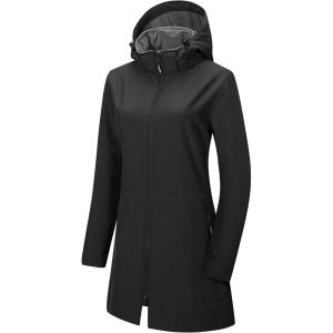 Outdoor Ventures Women’s Softshell Jacket with Removable Hood Fleece Lined Windbreaker Insulated Long Warm Rain Jacket(Black)
