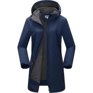 Outdoor Ventures Women’s Softshell Jacket with Removable Hood Fleece Lined Windbreaker Insulated Long Warm Rain Jacket(Blue)