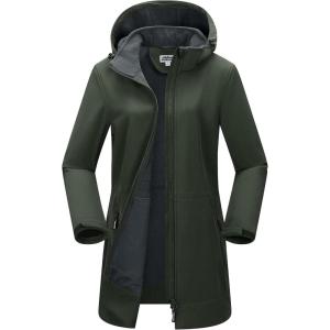 Outdoor Ventures Women’s Softshell Jacket with Removable Hood Fleece Lined Windbreaker Insulated Long Warm Rain Jacket(Dark Army Green)