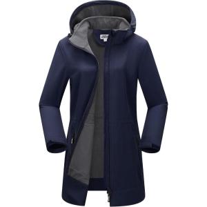 Outdoor Ventures Women’s Softshell Jacket with Removable Hood Fleece Lined Windbreaker Insulated Long Warm Rain Jacket(Deep Blue)