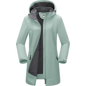 Outdoor Ventures Women’s Softshell Jacket with Removable Hood Fleece Lined Windbreaker Insulated Long Warm Rain Jacket(Green)