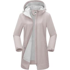 Outdoor Ventures Women’s Softshell Jacket with Removable Hood Fleece Lined Windbreaker Insulated Long Warm Rain Jacket(Khaki)
