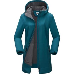 Outdoor Ventures Women’s Softshell Jacket with Removable Hood Fleece Lined Windbreaker Insulated Long Warm Rain Jacket(Modern Blue)