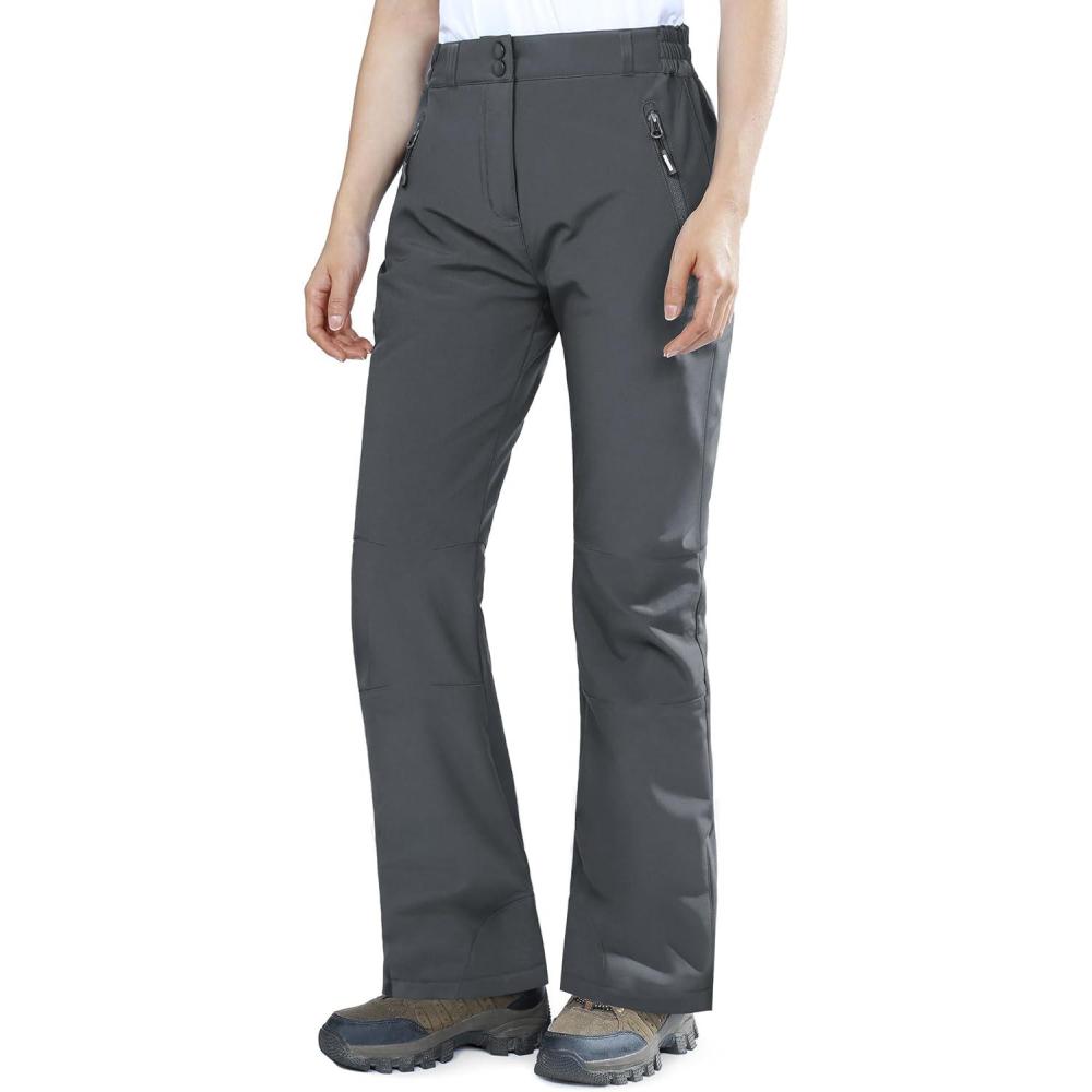 imageOutdoor Ventures Fleece Lined Waterproof Pants Women Ski Snow Insulated Softshell Snowboard Hiking with Boot CutNew Dark Grey  Elastic Waistband