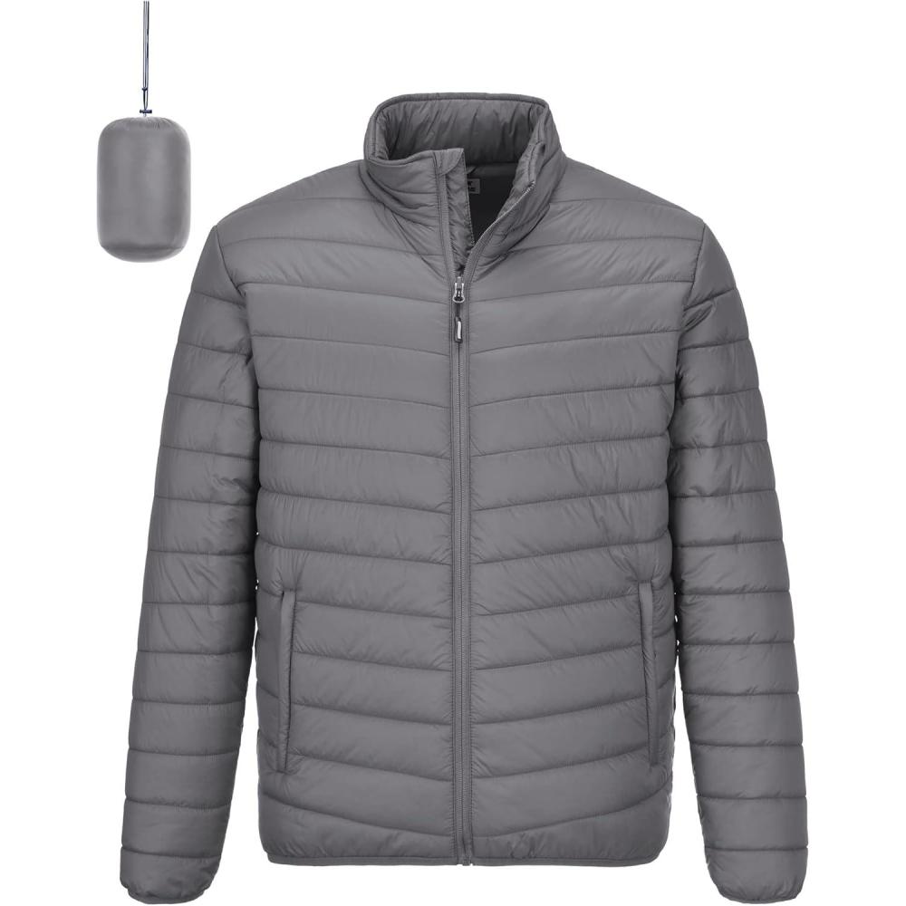 imageOutdoor Ventures Mens Lightweight Packable Puffer Winter Jacket Insulated Puffy Coat for Snow Ski Hiking TravelGreyfold in Bag