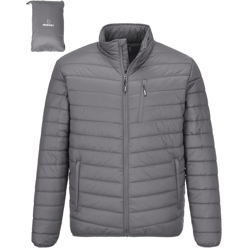 imageOutdoor Ventures Mens Lightweight Packable Puffer Winter Jacket Insulated Puffy Coat for Snow Ski Hiking TravelGreyfold in Pocket