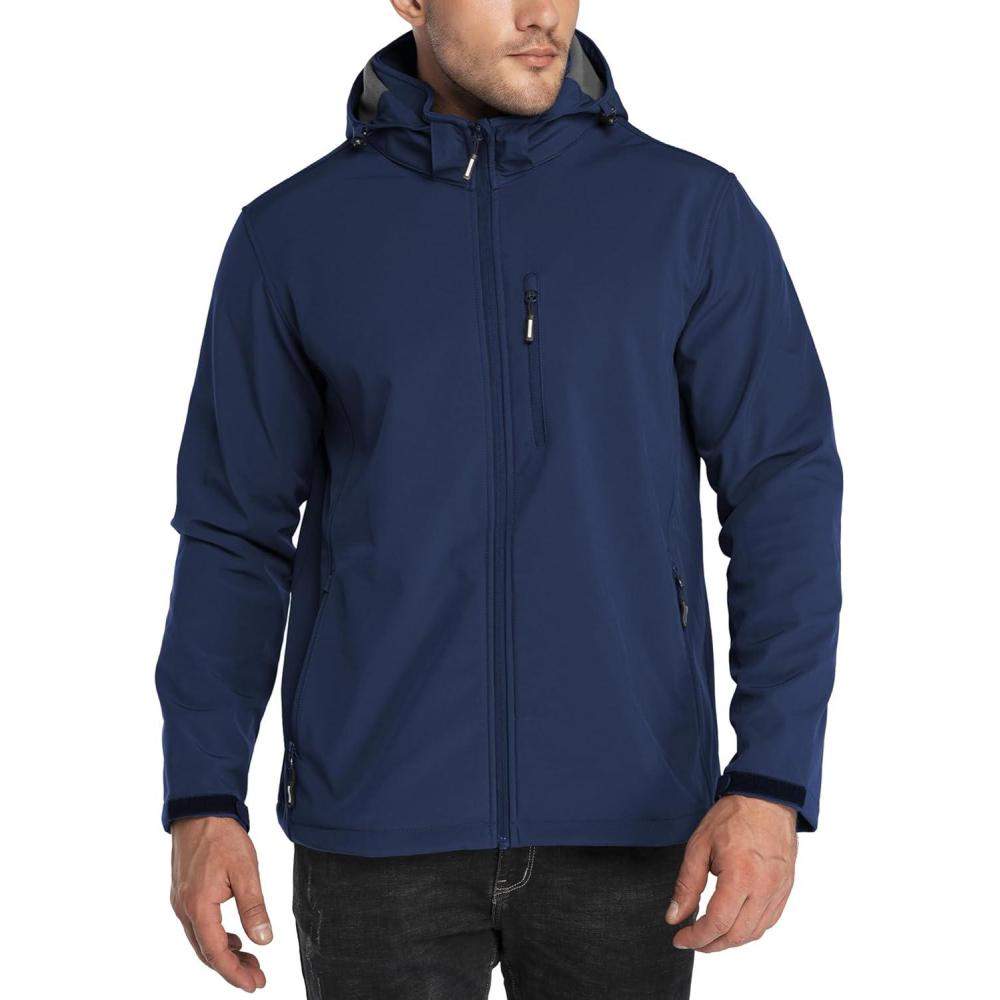 imageOutdoor Ventures Mens Lightweight Softshell Jacket Fleece Lined Hooded Water Resistant Winter Hiking Windbreaker JacketsBlueremovable Hood