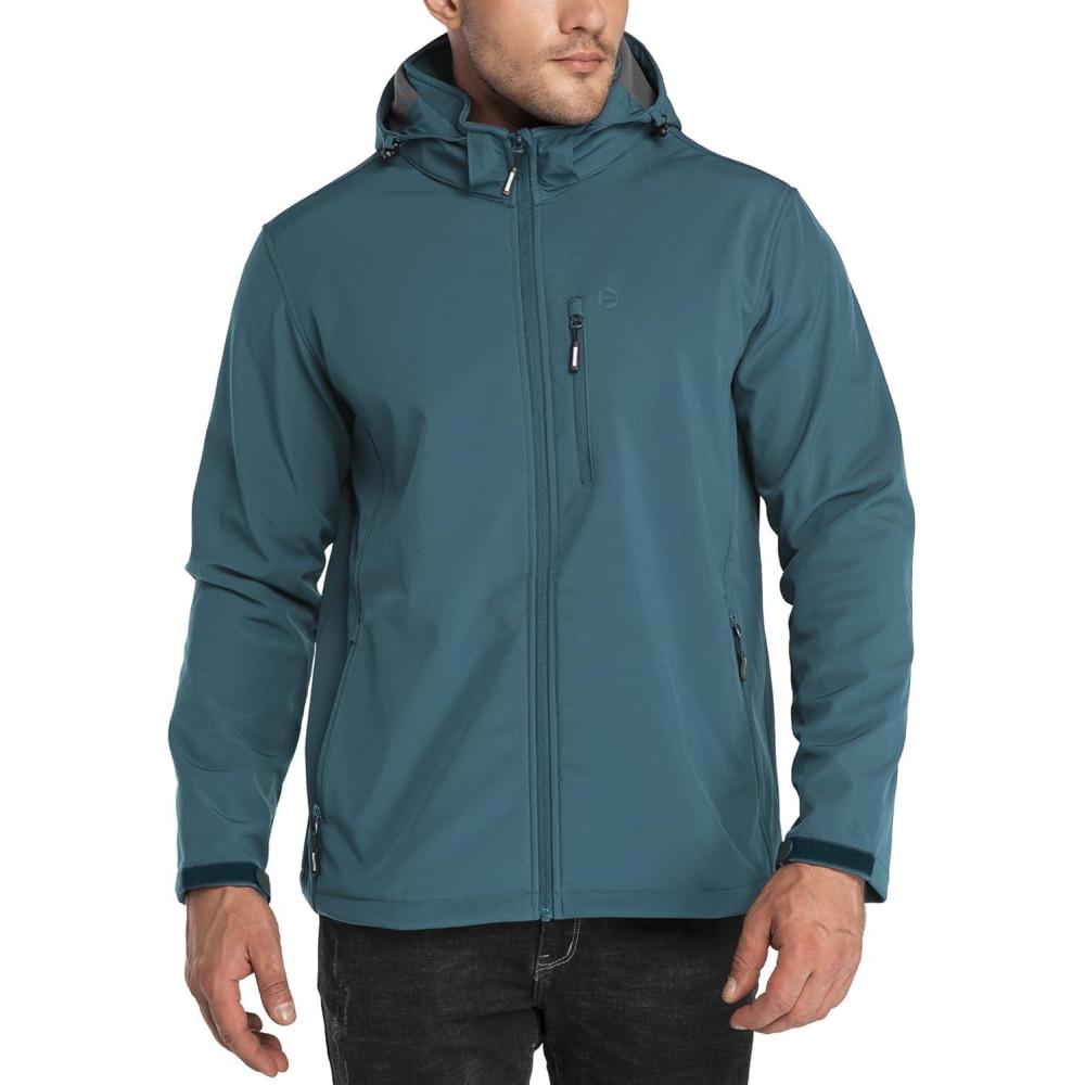 imageOutdoor Ventures Mens Lightweight Softshell Jacket Fleece Lined Hooded Water Resistant Winter Hiking Windbreaker JacketsCadet Blueremovable Hood