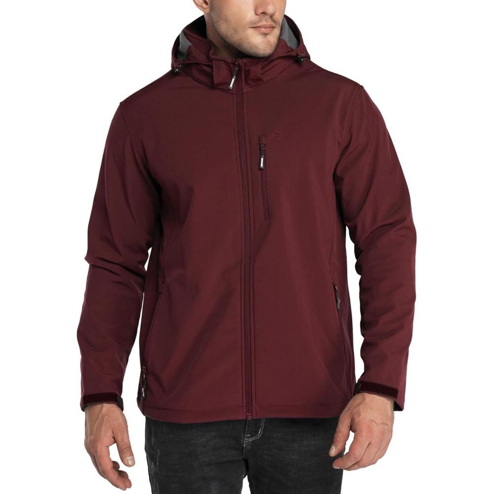 imageOutdoor Ventures Mens Lightweight Softshell Jacket Fleece Lined Hooded Water Resistant Winter Hiking Windbreaker JacketsDark Redremovable Hood