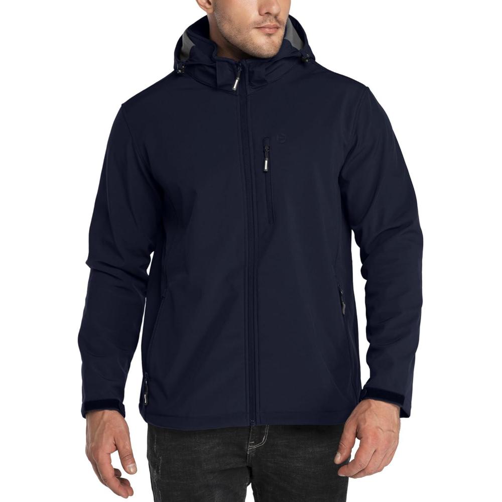 imageOutdoor Ventures Mens Lightweight Softshell Jacket Fleece Lined Hooded Water Resistant Winter Hiking Windbreaker JacketsDeep Blueremovable Hood