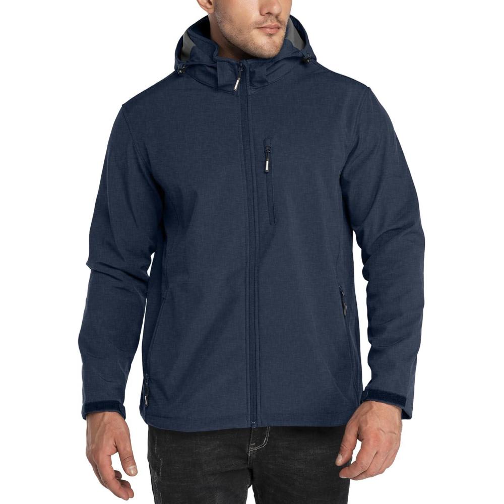 imageOutdoor Ventures Mens Lightweight Softshell Jacket Fleece Lined Hooded Water Resistant Winter Hiking Windbreaker JacketsMidnight Blue Heatherremovable Hood