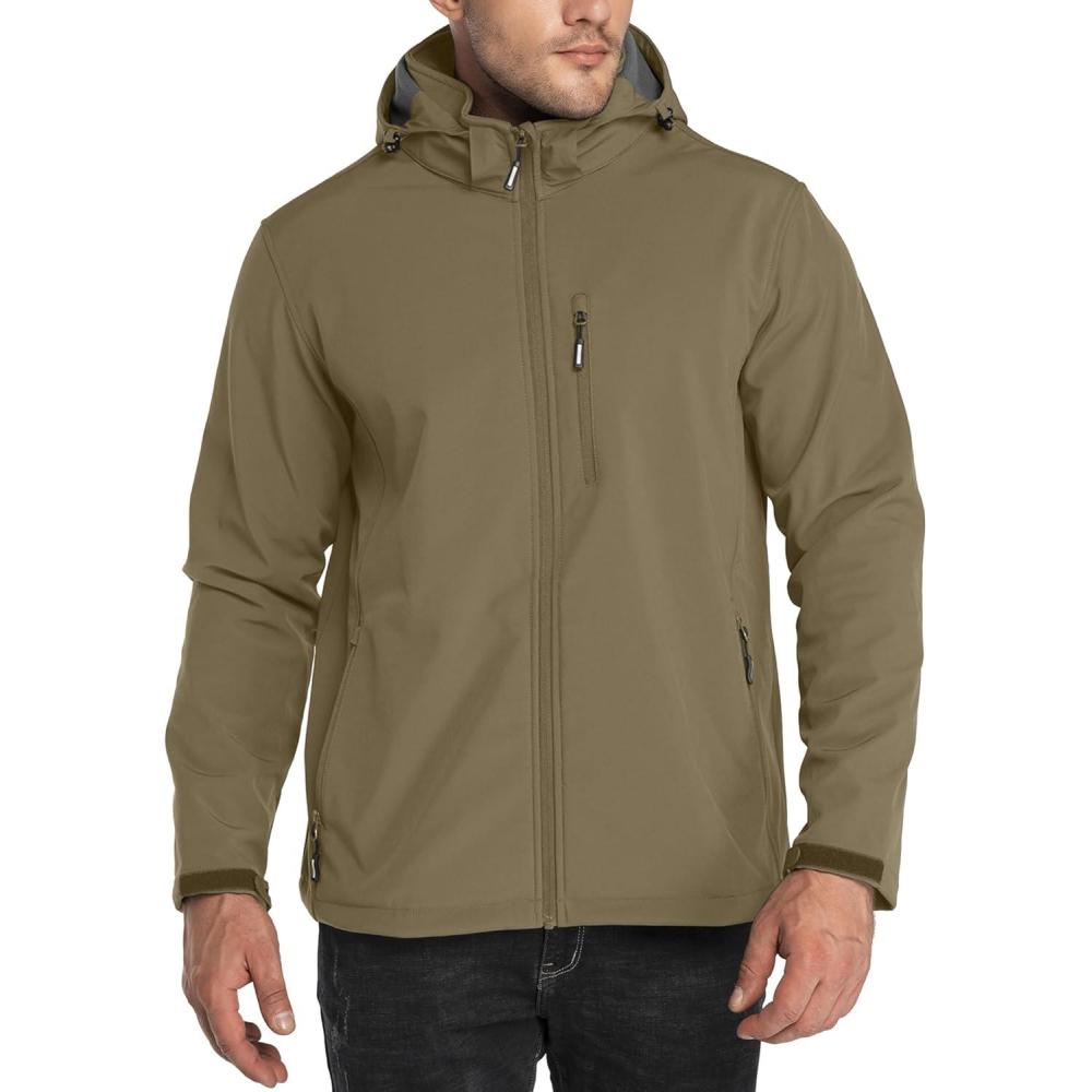 imageOutdoor Ventures Mens Lightweight Softshell Jacket Fleece Lined Hooded Water Resistant Winter Hiking Windbreaker JacketsStone Green Removable Hood