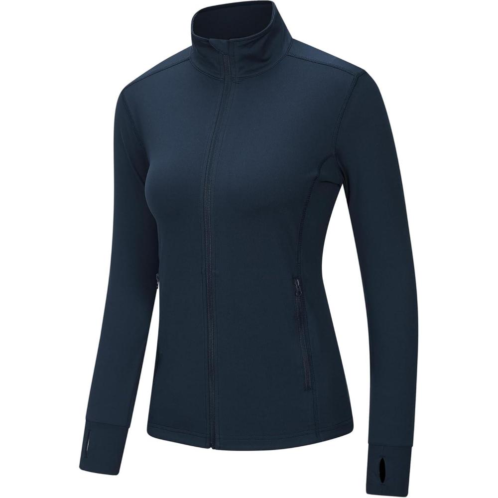 imageOutdoor Ventures Womens Full Zip Up Athletic Jacket Lightweight Workout Running Jacket with Pockets for Hiking Yoga GymNavy Blue