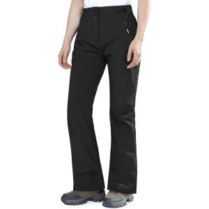 Outdoor Ventures Fleece Lined Waterproof Pants Women Ski Snow Insulated Softshell Snowboard Hiking with Boot Cut(New Black – Velcro Waistband)