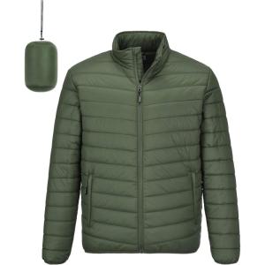 Outdoor Ventures Men’s Lightweight Packable Puffer Winter Jacket Insulated Puffy Coat for Snow Ski Hiking Travel(Army Green(fold in Bag))