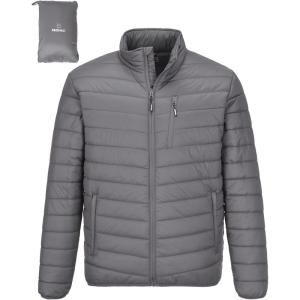 Outdoor Ventures Men’s Lightweight Packable Puffer Winter Jacket Insulated Puffy Coat for Snow Ski Hiking Travel(Grey(fold in Pocket))