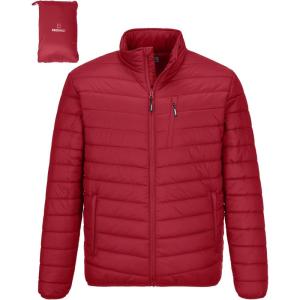 Outdoor Ventures Men’s Lightweight Packable Puffer Winter Jacket Insulated Puffy Coat for Snow Ski Hiking Travel(Mountain Red(fold in Pocket))