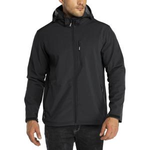 Outdoor Ventures Men’s Lightweight Softshell Jacket Fleece Lined Hooded Water Resistant Winter Hiking Windbreaker Jackets(Black-removable Hood)