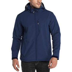 Outdoor Ventures Men’s Lightweight Softshell Jacket Fleece Lined Hooded Water Resistant Winter Hiking Windbreaker Jackets(Blue-removable Hood)