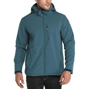 Outdoor Ventures Men’s Lightweight Softshell Jacket Fleece Lined Hooded Water Resistant Winter Hiking Windbreaker Jackets(Cadet Blue-removable Hood)