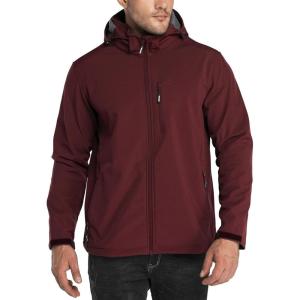 Outdoor Ventures Men’s Lightweight Softshell Jacket Fleece Lined Hooded Water Resistant Winter Hiking Windbreaker Jackets(Dark Red-removable Hood)