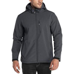 Outdoor Ventures Men’s Lightweight Softshell Jacket Fleece Lined Hooded Water Resistant Winter Hiking Windbreaker Jackets(Darkgrey Melange-removable Hood)