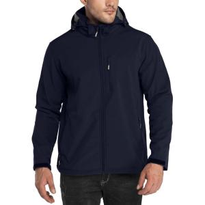 Outdoor Ventures Men’s Lightweight Softshell Jacket Fleece Lined Hooded Water Resistant Winter Hiking Windbreaker Jackets(Deep Blue-removable Hood)