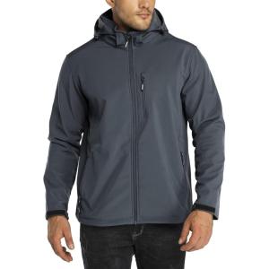 Outdoor Ventures Men’s Lightweight Softshell Jacket Fleece Lined Hooded Water Resistant Winter Hiking Windbreaker Jackets(Dimgrey- Removable Hood)