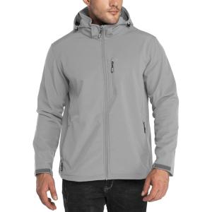 Outdoor Ventures Men’s Lightweight Softshell Jacket Fleece Lined Hooded Water Resistant Winter Hiking Windbreaker Jackets(Mid Grey-removable Hood)