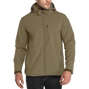 Outdoor Ventures Men’s Lightweight Softshell Jacket Fleece Lined Hooded Water Resistant Winter Hiking Windbreaker Jackets(Stone Green- Removable Hood)