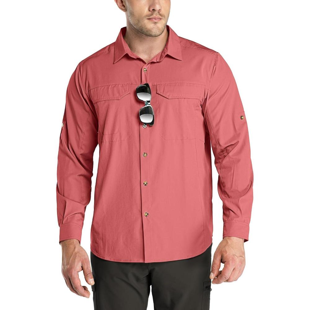 imageOutdoor Ventures Mens UPF 50 UV Sun Protection SPF Hiking Shirt Long Sleeve Lightweight Quick Dry for Safari Travel FishingWatermelon